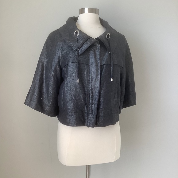 $198 Sandro  Linen Blend Metallic Cropped Swing Moto Jacket M - Picture 2 of 16